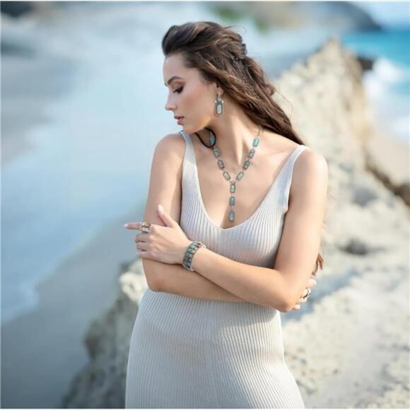 Turquoise Jewelry Set Necklace Earrings Bracelet Ring Boho Western Cowgirl Gift - Picture 2 of 8